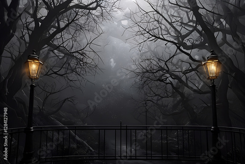 spettrale foresta avvolta nella nebbia con alberi dai rami secchi, antichi lampioni e inferriate di metallo, Spooky forest shrouded in mist with trees with dry branches, ancient street lamps and metal