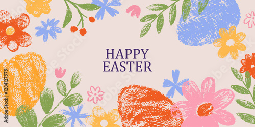 Easter design. Hand drawn cute bunnies, eggs, flowers. Colorful vector spring illustrations. Holiday cards, banners, covers.