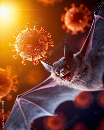 Bat virus concept. 3Drendered virus particles floating around a silhouetted bat, highdetail microbiology and virology concept, glowing microscopic view