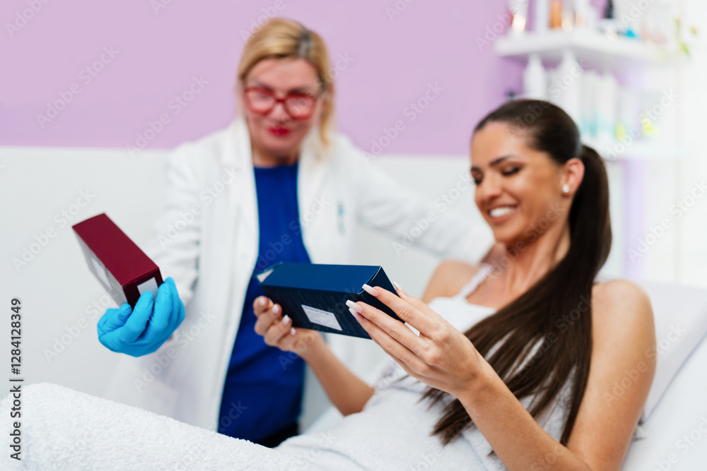 Beautiful and happy brunette woman at beauty medical clinic. She is sitting and talking with female doctor about face aesthetic treatment. Beautiful and happy brunette woman at beauty medical clinic. She is sitting and talking with female doctor about face aesthetic treatment.
