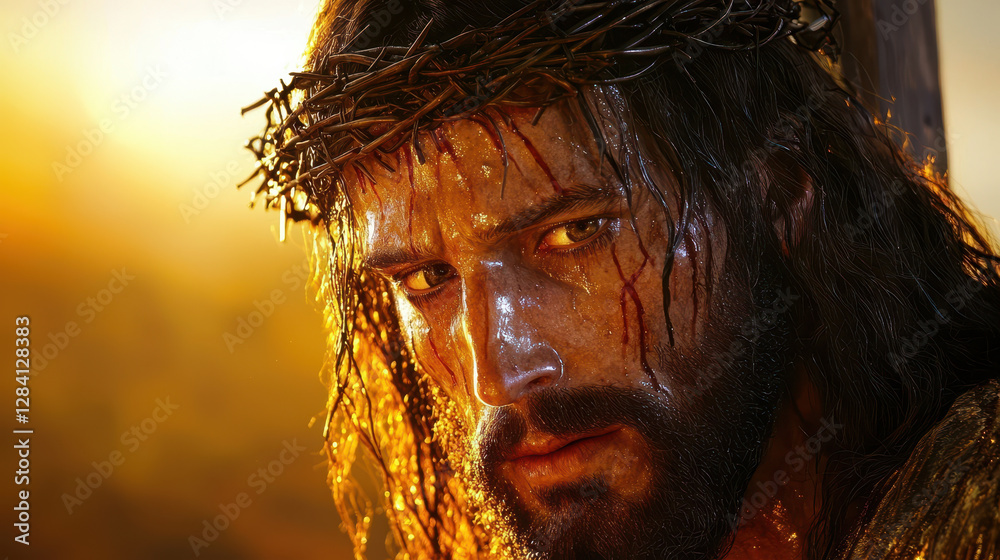 realistic depiction of man with crown of thorns, expressing deep emotion