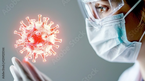 Bat virus concept. A masked scientist looking at a holographic projection of a batshaped virus, merging medical research and technology, glowing neon display