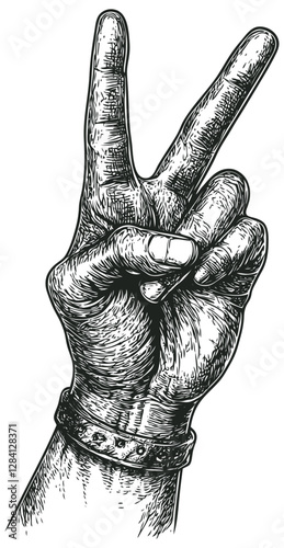 Engraving vector illustration of a hand making the peace sign. Vintage black and white graphic design for themes of peace, protest, or 1960s culture.