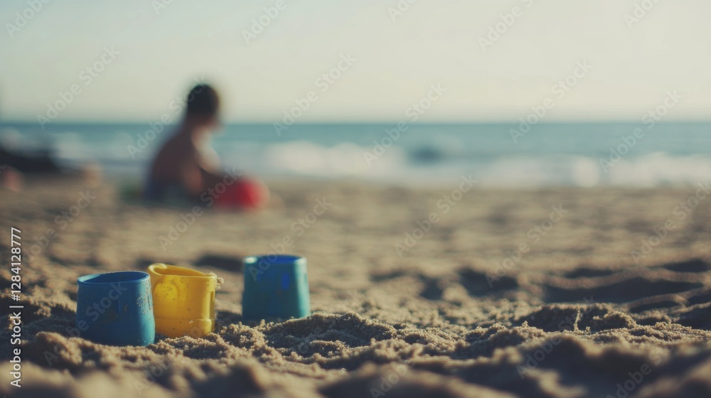 Child playing on beach, sandcastles, sunset view, leisure activity, family fun Child playing on beach, sandcastles, sunset view, leisure activity, family fun