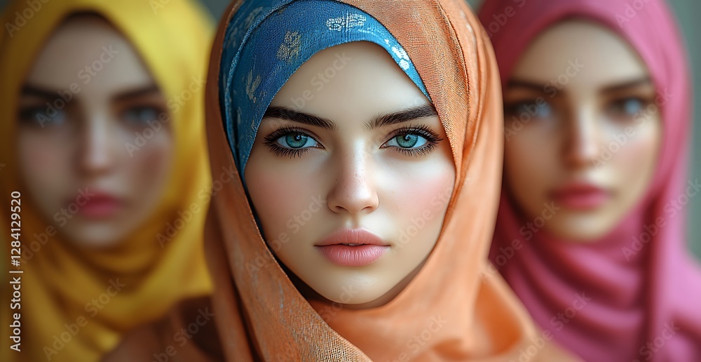 Three Women in Colorful Hijabs Against a Blurred Background Three Women in Colorful Hijabs Against a Blurred Background