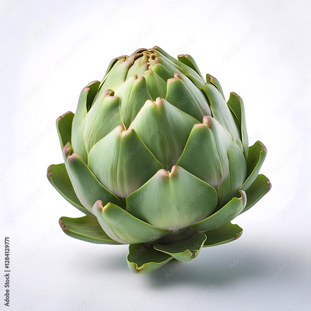 A single artichoke, showcasing its green hue and layered petals against a white background A single artichoke, showcasing its green hue and layered petals against a white background