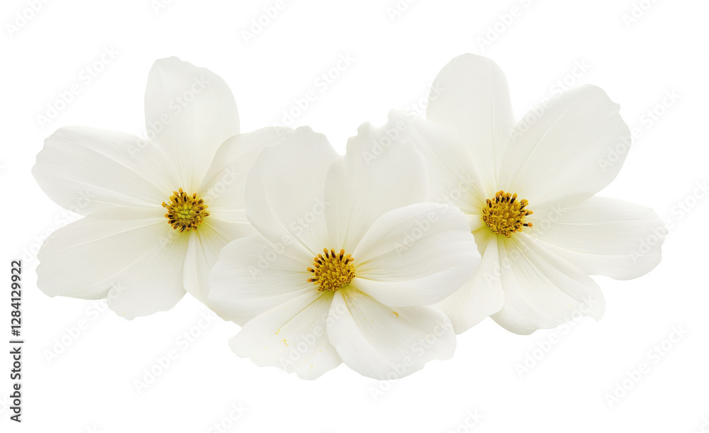 Fototapeta premium Three white cosmos flowers blooming with transparent background
