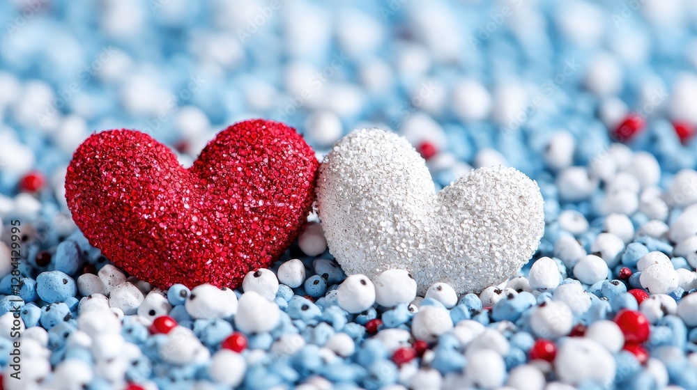Obraz premium Two textured red and white hearts rest on a bed of small blue and white beads in a close-up shot representing love and romance.