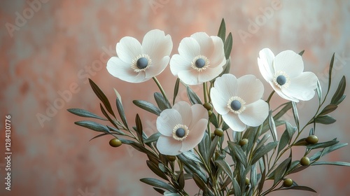 Delicate white anemone flowers in a soft pink background decorative floral arrangement tranquil setting