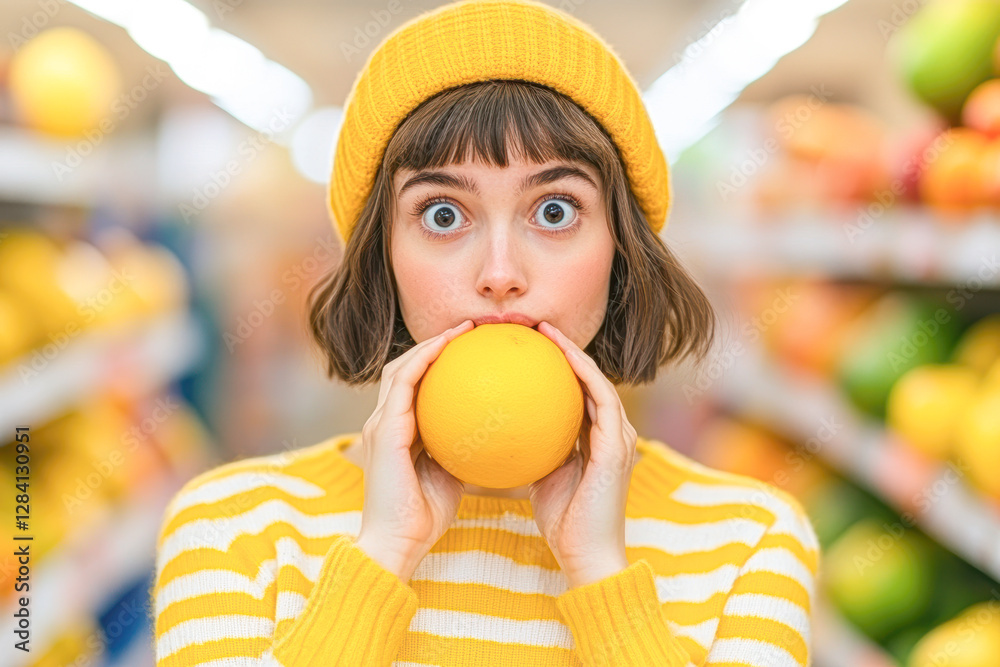 Fototapeta premium Exciting grocery shopping a young woman's fun experience in bright supermarket