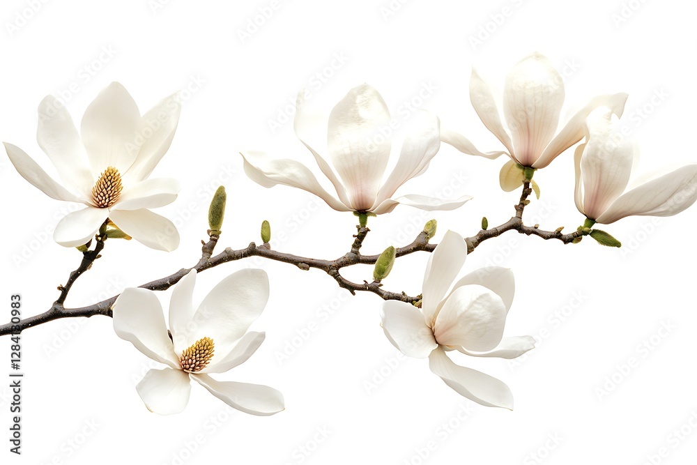 Fototapeta premium Delicate Magnolia Branch with Blossoms on White Background