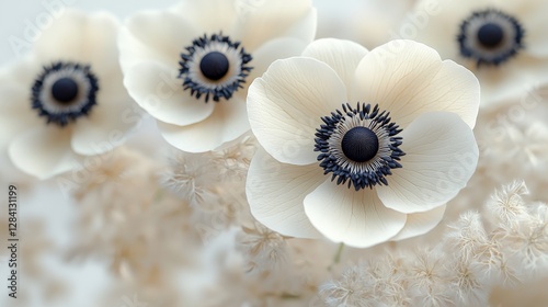 Delicate white anemone flowers in soft focus nature floral photography calm environment close-up view