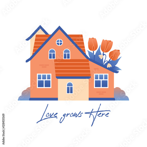 Love grows here. Cottagecore. Village house among tulips, spring flowers, plants, leaves. Vector illustration with rural apartment to spring greeting card, banner, sticker. Flat naive style.