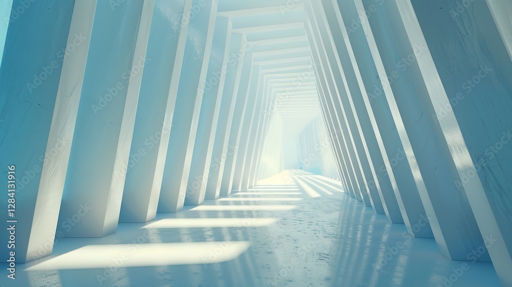 Naklejka premium abstract. spacecraft interior with a futuristic design on a blue backdrop. Abstract 3D interior design of a corridor using linear lighting. 3D visualisation, Generative AI.