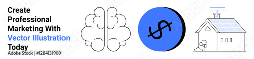 Brain signaling creativity, dollar sign for finance, and house with solar panels for eco-conscious living. Ideal for business, marketing, innovation, sustainability, finance, renewable energy flat