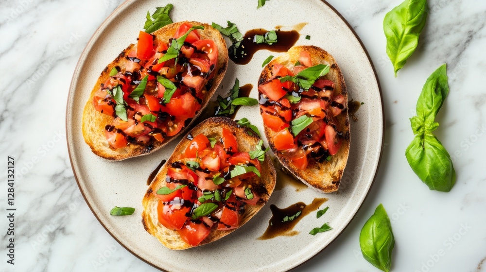 A flatlay photograph looking down on a plate of bruschetta with tomatoes, basil, and balsamic glaze on a marble counter A flatlay photograph looking down on a plate of bruschetta with tomatoes, basil, and balsamic glaze on a marble counter