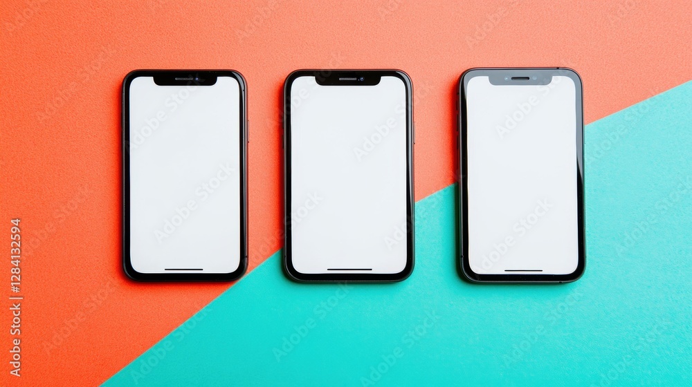 Three Mobile Phones Displaying Blank Screens On a Coral and Turquoise Background Three Mobile Phones Displaying Blank Screens On a Coral and Turquoise Background