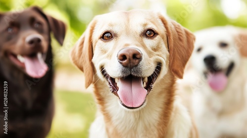 Three Happy Labrador Dogs Playing Together in a Lush Green Park : Generative AI photo