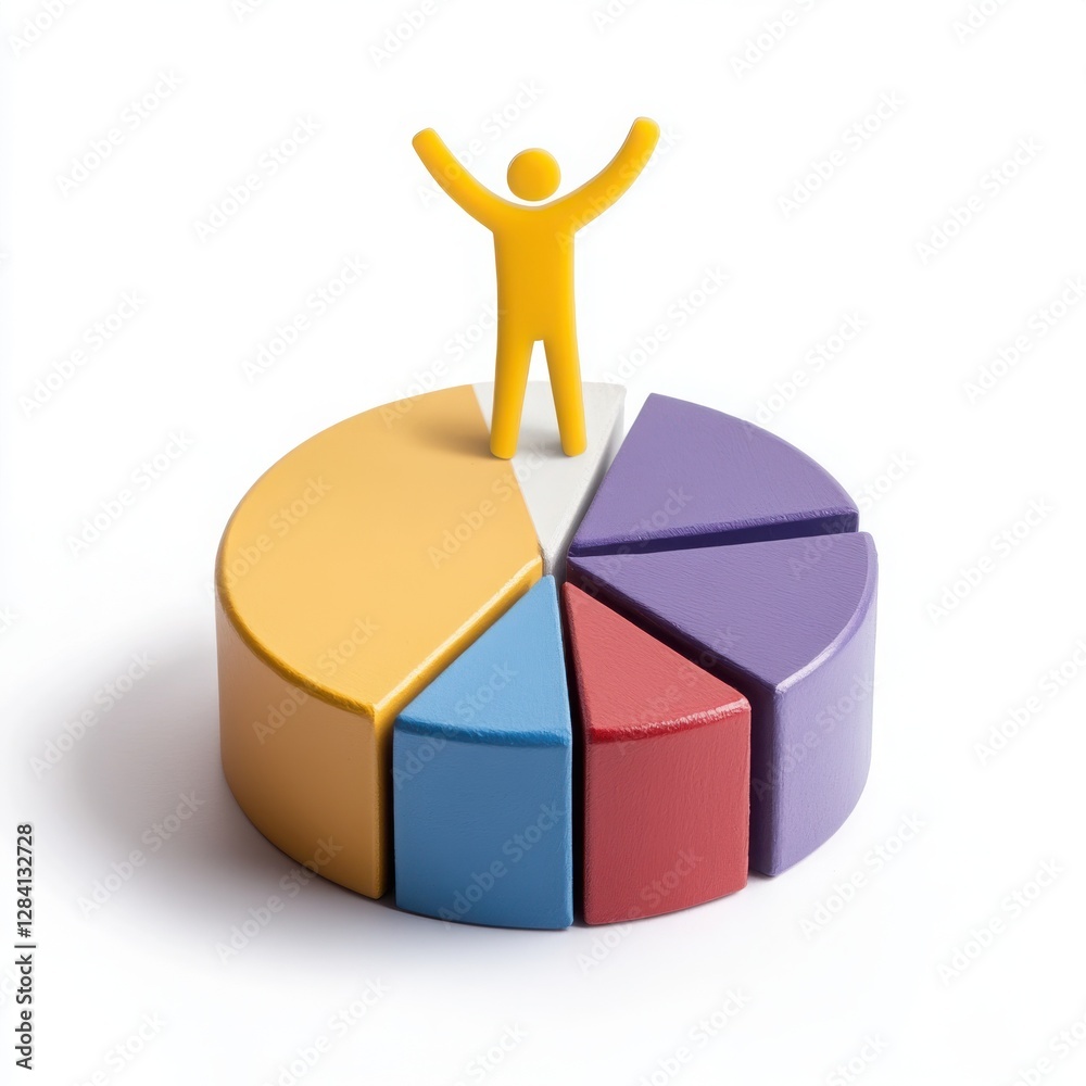 A pie chart with various vibrant colors and one highlighted slice in yellow, with a yellow stick figure standing on top in a celebratory pose. A pie chart with various vibrant colors and one highlighted slice in yellow, with a yellow stick figure standing on top in a celebratory pose.