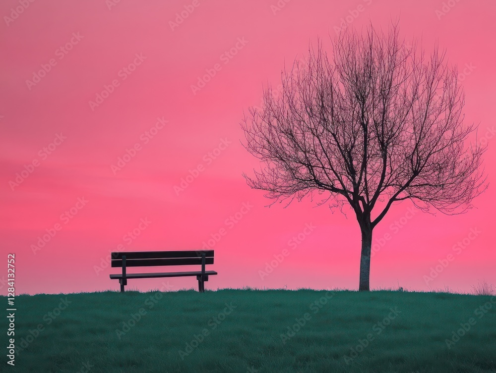 Pink sunset, park bench, bare tree, tranquil scene, peaceful background Pink sunset, park bench, bare tree, tranquil scene, peaceful background