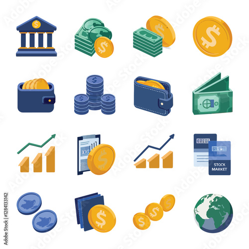 vector colorful economy trading graph cash money linked with curved dash line over the world bank 
