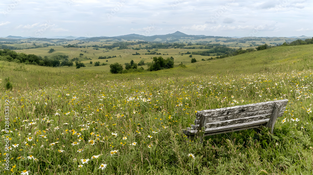 Serene hilltop bench overlooking wildflowers, mountains Serene hilltop bench overlooking wildflowers, mountains