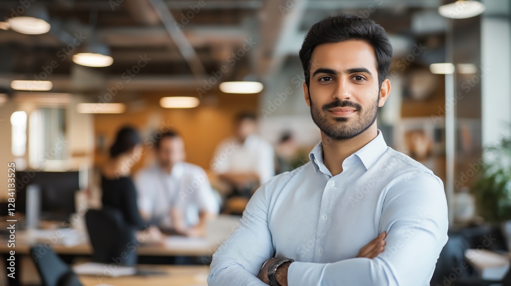 Fototapeta premium An Emirati Arab dressed in a traditional Kandura stands confidently in a contemporary office, showcasing a blend of cultural pride and modern professionalism in a bustling workspace
