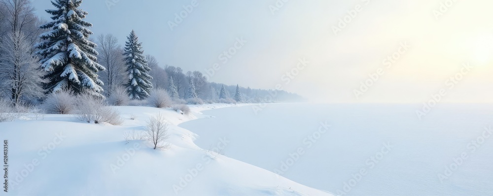 A vast expanse of snow covers the shoreline and trees along a frozen Lake Ontario, peaceful scene, icy landscape