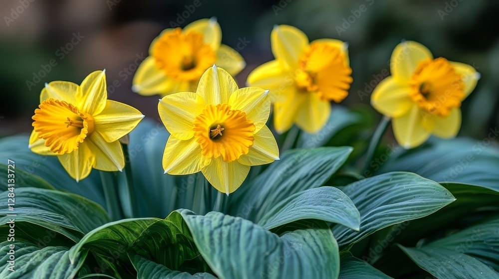 Vibrant yellow daffodils blooming in a garden nature photography springtime beauty close-up view Vibrant yellow daffodils blooming in a garden nature photography springtime beauty close-up view