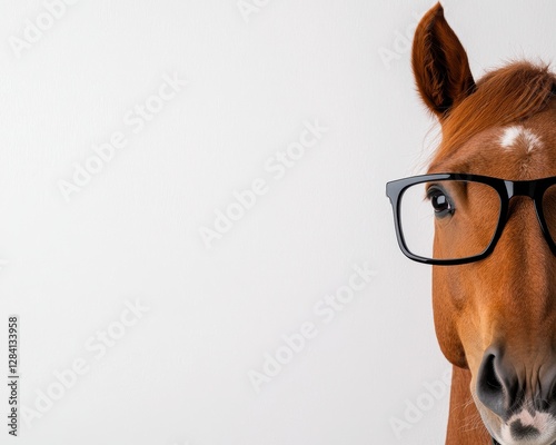 A horse wearing glasses against a minimalist white background. photo