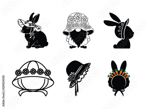 Easter Bonnet Bunny & Gnome Silhouette | Spring Floral Hat Clipart