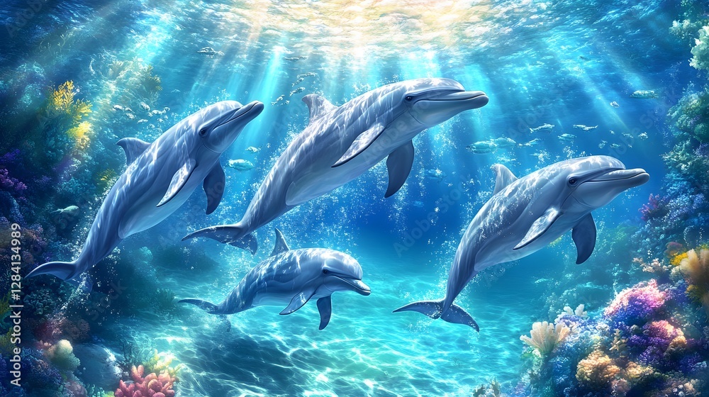 Naklejka premium A vibrant underwater scene featuring dolphins swimming among coral reefs.