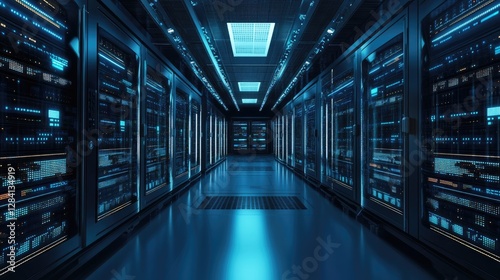 Interior view of a data center with servers and blue lighting