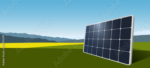 Solar panels, sun energy glass cells in nature. Green sustainable eco-friendly energy, alternative power concept.