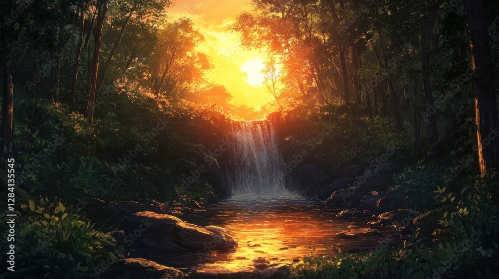 Sunset Waterfall in Lush Forest: A Serene Digital Painting Sunset Waterfall in Lush Forest: A Serene Digital Painting