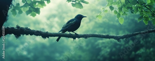 Solitary blackbird on branch in misty forest landscape