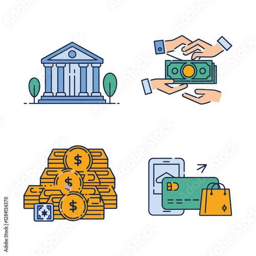 vector colorful economy trading graph cash money linked with curved dash line over the world bank 
