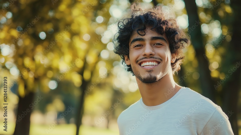 A joyful hispanic man stands in a beautiful park, surrounded by sunlight filtering through lush green trees. His radiant smile reflects confidence and success on a delightful afternoon A joyful hispanic man stands in a beautiful park, surrounded by sunlight filtering through lush green trees. His radiant smile reflects confidence and success on a delightful afternoon