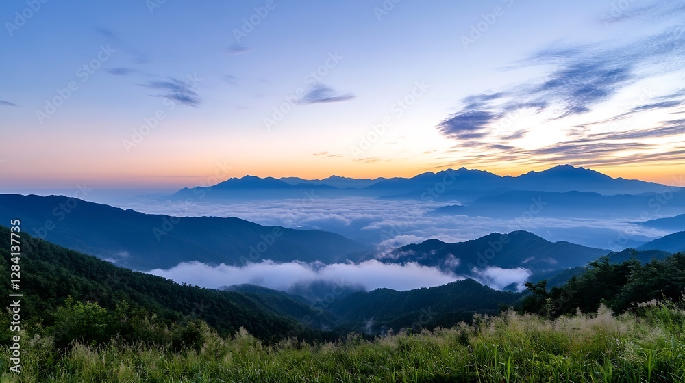 Fototapeta premium Breathtaking panoramic view of misty mountain landscape during sunrise showcasing nature's stunning beauty : Generative AI