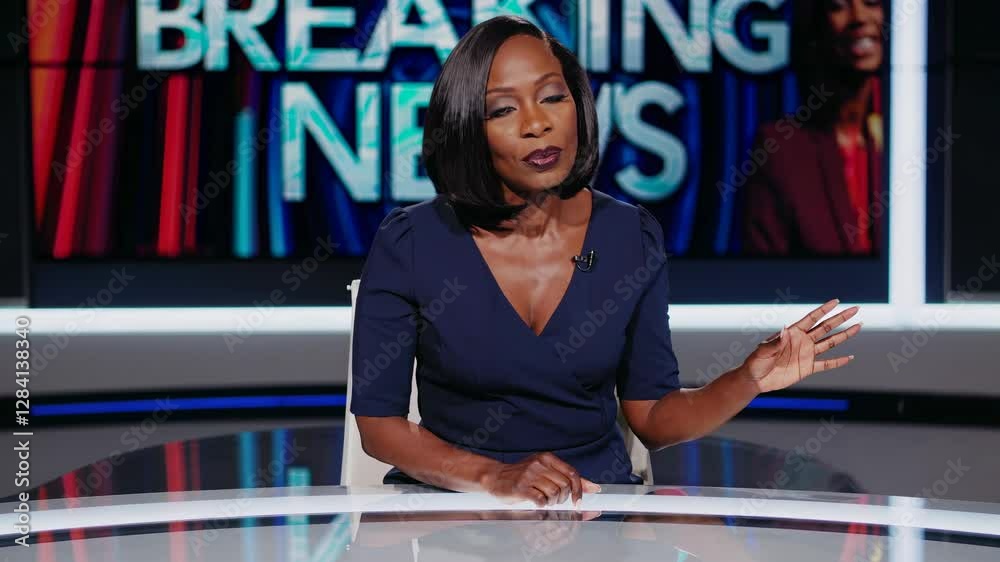 A news anchor in a studio, captured from a front-facing angle, delivering breaking news. The video backdrop displays vibrant graphics.