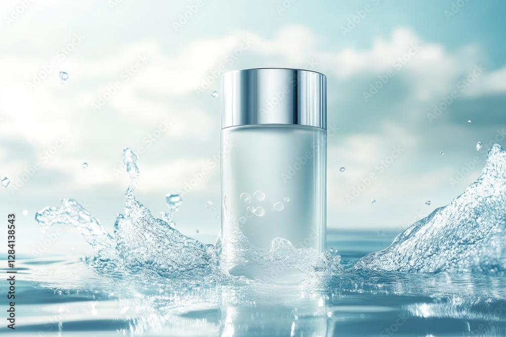 A bottle of skincare product is surrounded by a water splash A bottle of skincare product is surrounded by a water splash
