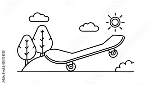 Skateboard on a sunny hilltop. Adobe Illustrator Artwork