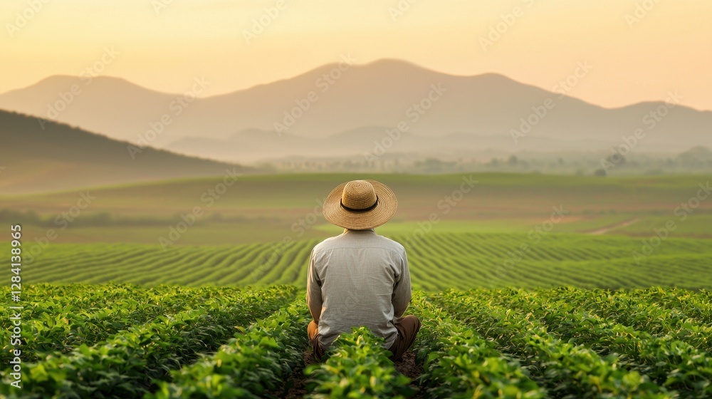 Fototapeta premium Farmer in Straw Hat Overlooking Lush Green Fields at Sunset