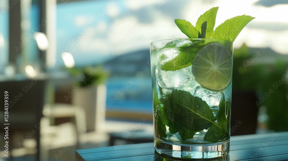 Refreshing Mojito Cocktail with Lime and Mint on a Sunny Outdoor Terrace Refreshing Mojito Cocktail with Lime and Mint on a Sunny Outdoor Terrace