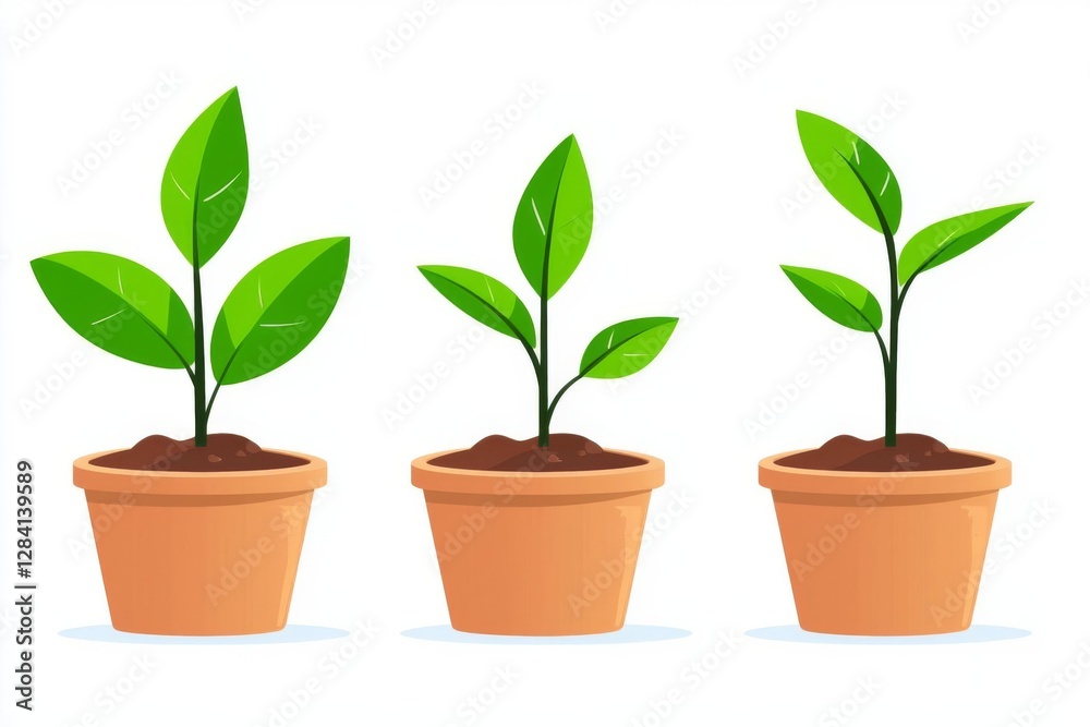 Three healthy green plants in pots illustrating growth stages and vitality. Three healthy green plants in pots illustrating growth stages and vitality.