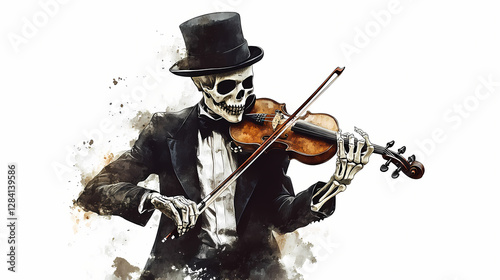 The skeleton violinist in a masquerade mask at a halloween gala isolated on white background, elegant and haunting. Haunted Violinist in the Shadows. Illustration