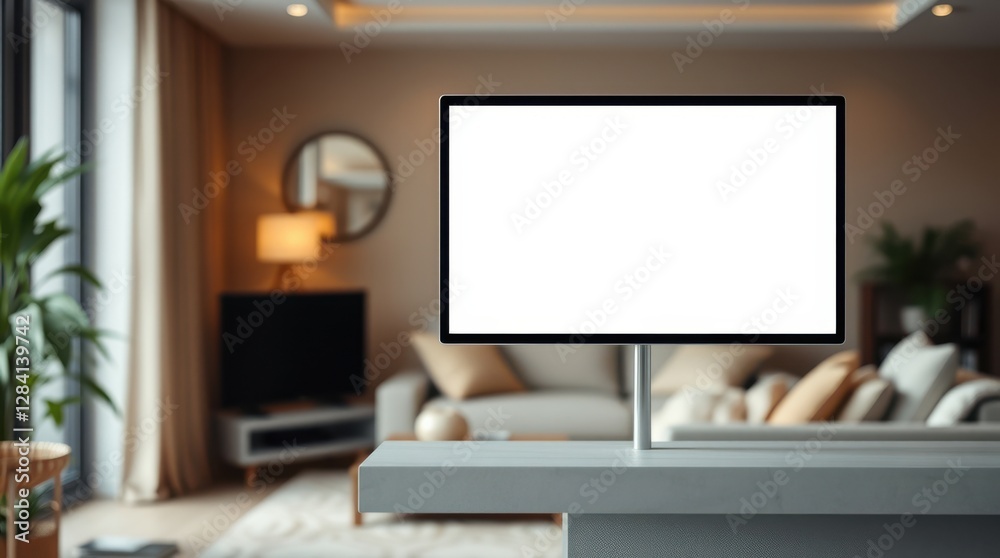 Fototapeta premium Blank screen monitor stands prominently in a bright, cozy living room, creating a focal point for media.