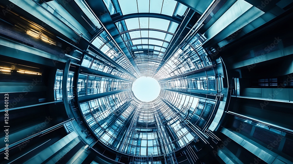 Naklejka premium Looking Up Through Modern Building Atrium with Glass Ceiling and Blue Sky
