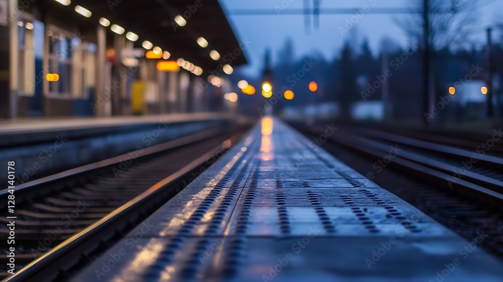 Quiet Train Station Platform Illuminated by Soft Lights Under a Morning Sky : Generative AI Quiet Train Station Platform Illuminated by Soft Lights Under a Morning Sky : Generative AI