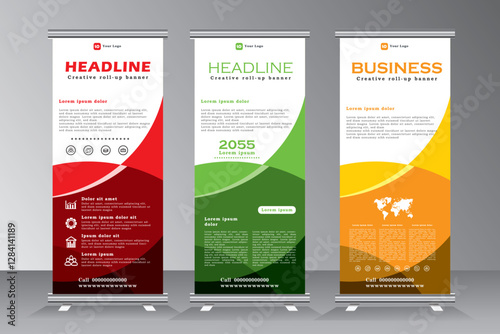 Roll up banner for events and print ready design, stand banner design, Business roll up banner design template, Geometric shape vertical banners design, vector eps 10
